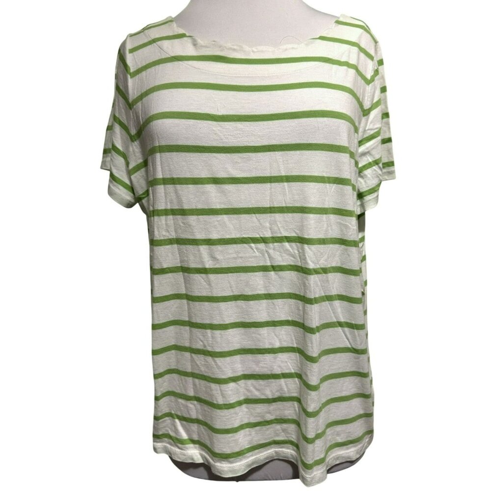 TALBOTS Green Striped Pima Cotton Short Sleeve Scalloped Neck Knit Top Tee 2Xp
